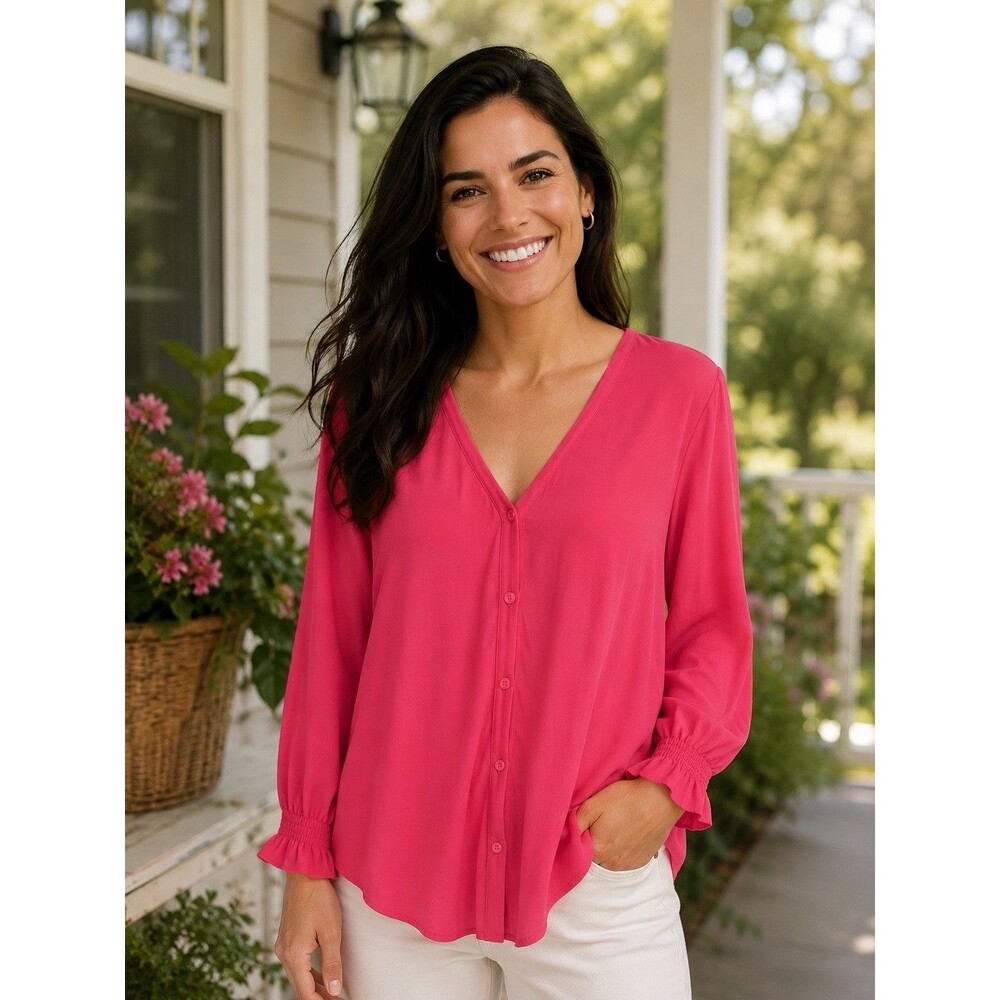 Lands’ End Women's Long Sleeve Smocked Wrist Button Up Pink Knit Top XL-18